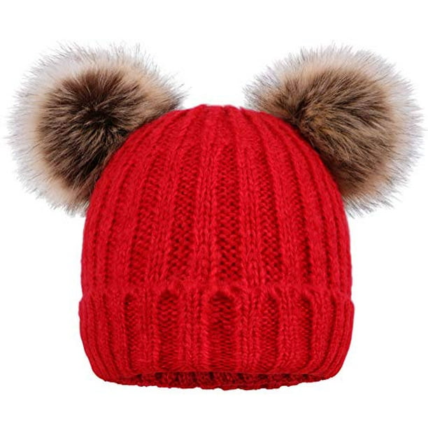 Arctic Paw Cable Knit Beanie with Faux Fur Pompom Ears